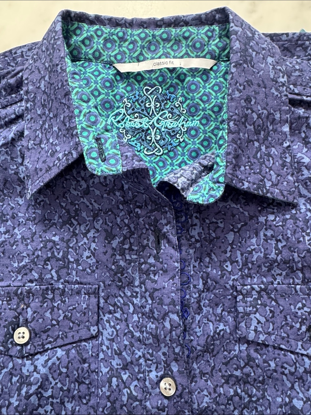 Robert Graham Navy and Turquoise Patterned Button-Down Shirt